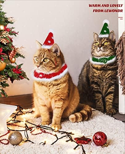 Lewondr Шапка на дядо коледа за котки с Шал-Яка, Коледен Костюм, Комплект Дрехи за котки, Вълнена Шапка, Коледен Костюм