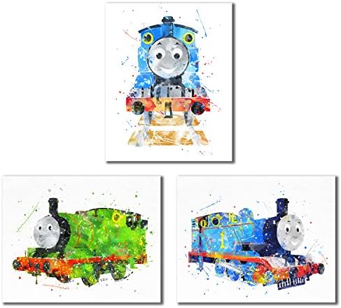 Акварелни рисунки на влака Томас и приятели - Комплект от 3 (8 инча х 10 инча) Снимки Стена художествен декор - Танк