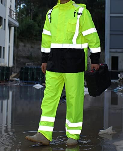 дъждобран sesafety Hi Vis, Мъжки дрехи за дъжд повишена видимост клас 3, Водоустойчиви мъжки Дождевики с предната