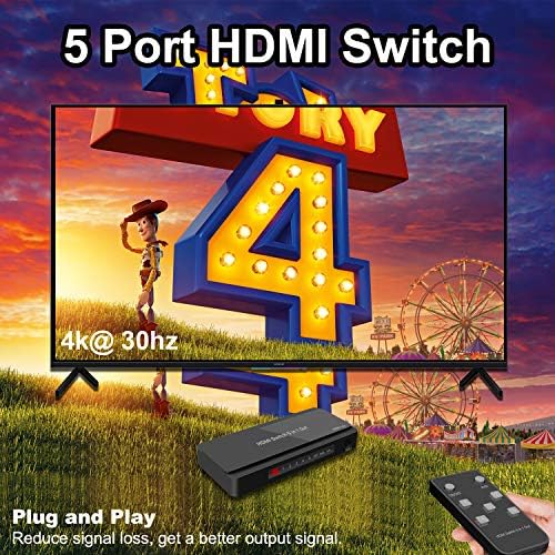 HDMI превключвател RouPuo, 5x1 HDMI-селектор 5 В 1 с функцията PIP и IR дистанционно дистанционно управление за Пожарна