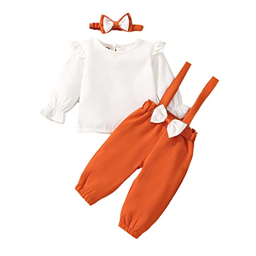 Есенни блузи с дълъг ръкав и набори за новородени момичета, пуловер, панталони на подтяжках, ленти за коса (бял, 12-18
