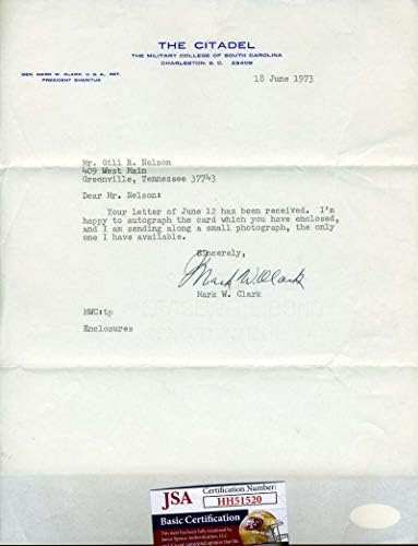 Генерал Марк Кларк, Генерален директор на JSA Собственоръчно подписано Писмо на Цитаделата 1973 година Автограф