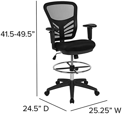 Ергономичен Чертежное стол Flash Furniture със Средна облегалка от черна мрежа с Регулируем Хромирано пръстен за крака, Регулиращи