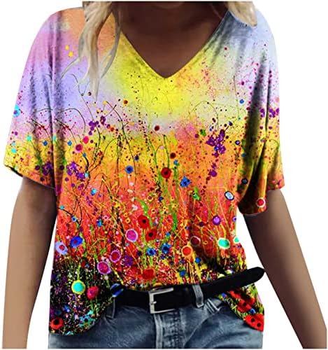 Топ Цветен Модел за Момичета, Есен-Лято, Памучен Ежедневни Риза с Дълбоко V-образно Деколте и Къс Ръкав за Жени,