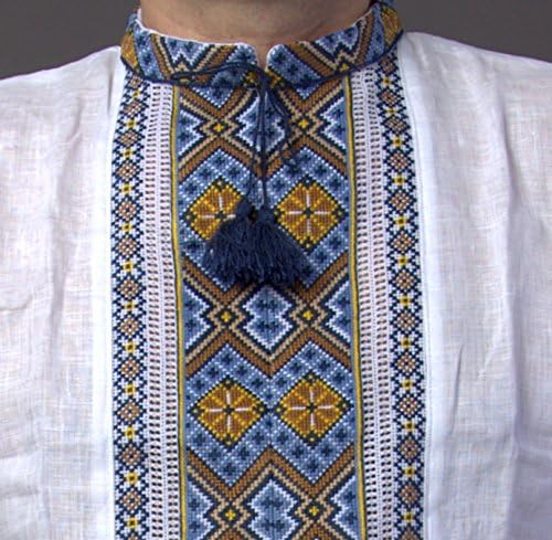 Украинската Вышиванка Мъжки Бродирани Бяло-Синьо-Жълта Риза Бельо Сватбена Разпродажба На Ден на бащата