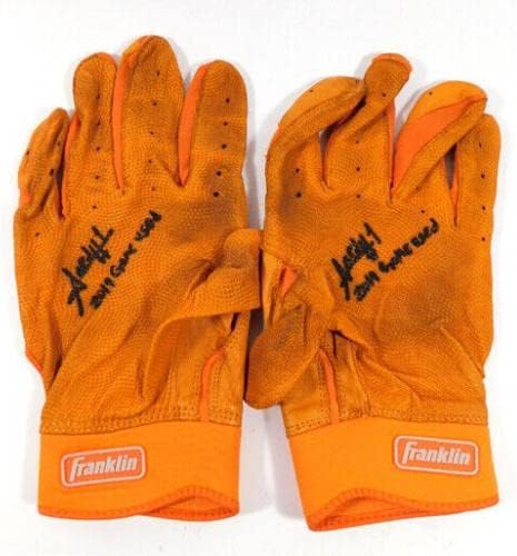 Amed Росарио, Ню Йорк Метс, 2019, използвани оранжеви ръкавици за игра с автограф на Франклин, използвани ръкавици