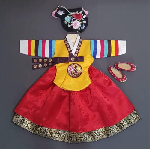 OUJIN I Корейски Ханбок за момиченца от 1 до 8 години с различни Цветни, с дълъг ръкав за Малки Момичета, Детски Традиционната
