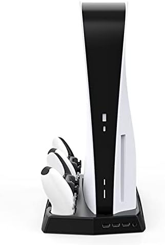 Вертикална поставка с охлаждащ вентилатор за Playstation 5 Digital Edition/PS5 Ultra HD, 2 док-станция, зарядно устройство за контролер PS5 DualSense, 3 USB порта, Система за охлаждане на PS5