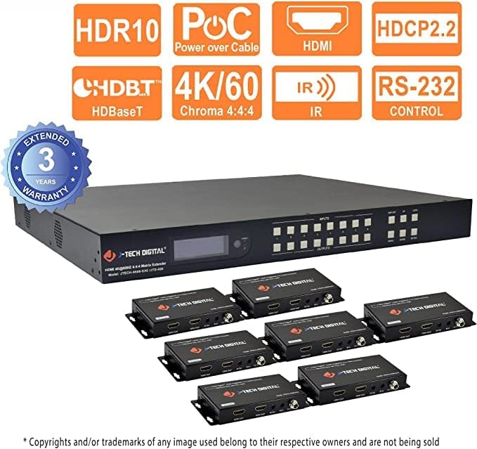 Удължител на матрицата J-Tech Digital 8х8 HDMI 4K60Hz 4:4:4 HDBaseT чрез Cat5e/6 | Подкрепя 2.0 HDMI, HDCP