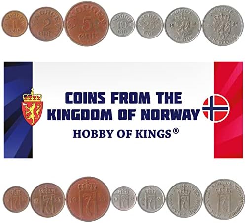 7 Монети от Норвегия | Колекция норвежки монети 1 2 5 10 25 50 Руда 1 Крона | В обращение 1908-1952 | Кръст