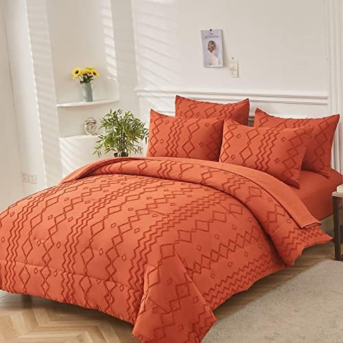 Комплект завивки с дрямка цвят жженого портокал/Ръжда, кралица с Чаршафите, 7 предмети, одеяло в леглото в стил Бохо, Изтъркан