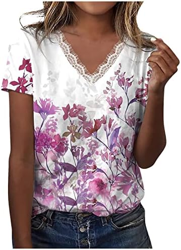 Летни Тениски с Флорални Принтом за Жени, Възли на една Кука Дантелени Блузи с V-образно деколте, Блуза, с Къс Ръкав,