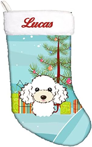 Carolin's Treasures BB1629CSEMB Коледно Дърво и Бял Пудел Персонализирани Коледни Чорапи, Окачени Чорапи За Камината, Коледен