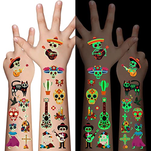 Стикери с татуировки Ден на мъртвите, 10 парчета, от 100 вида детски анимационни светещи временни татуировки, захарни скелети,