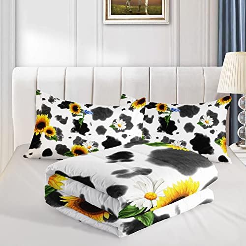 BSNTHO Одеяло с принтом крави за момичета Queen Size, детски комплект, одеяла със слънчогледи, Комплект спално