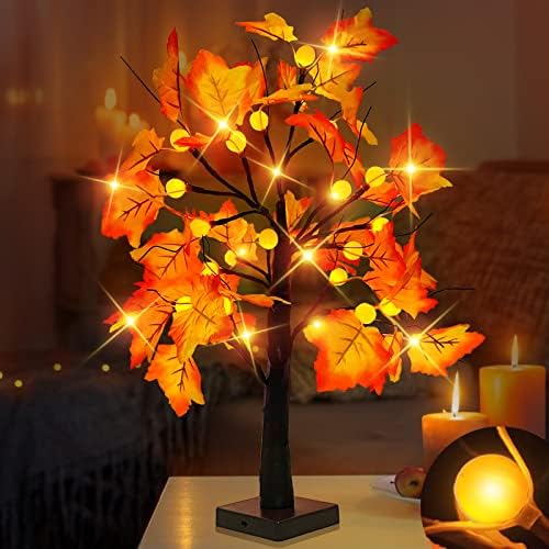 [Timer] 24 / 2 фута Предварително Осветени есенна коледна Елха с 24 led 3D тиква ябълки и оранжеви Светлини, Есенен