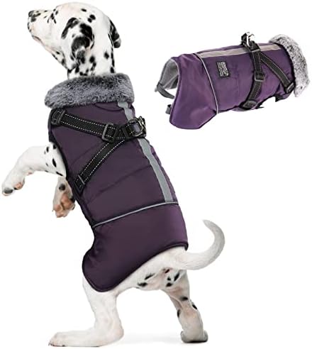 BRKURLEG Лилаво Палто за кучета с Подвижни шлейкой, Зимни Дрехи за малки, Средни и Големи Кучета с Кожа яка, Топъл