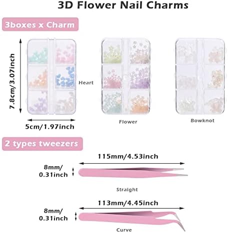 Bibabala 3D амулети за нокти под формата на цветя, 3 кутии акрилни амулети с лъкове в формата на цветя и