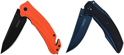 Многофункционален спасителен джобен нож Kershaw Barricade (8650) оранжев; 4,5 грама и директен джобен нож (8320); 3-инчов нож от стомана 8Cr13MoV с загнутым нагоре острие ярко син цвят;