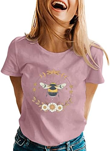 Дамски Ризи с дълъг Ръкав, Дамски Пролетно-Летни Тениски с Принтом Пчели, Къс Ръкав, Тениска С Кръгло деколте,