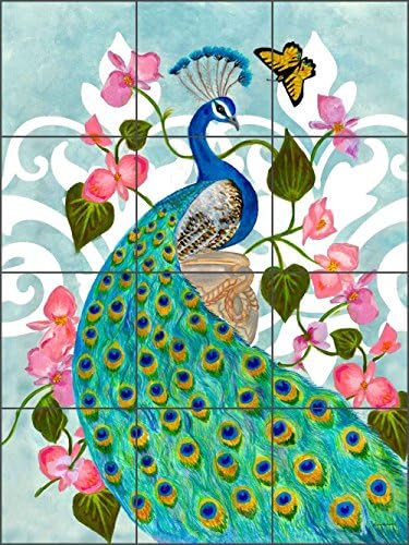 Заден панел с шарени птици - Класически Паун от Лесли Уитман, Керамични Котлони, Душ кабина, Баня (теракот 18 x 24