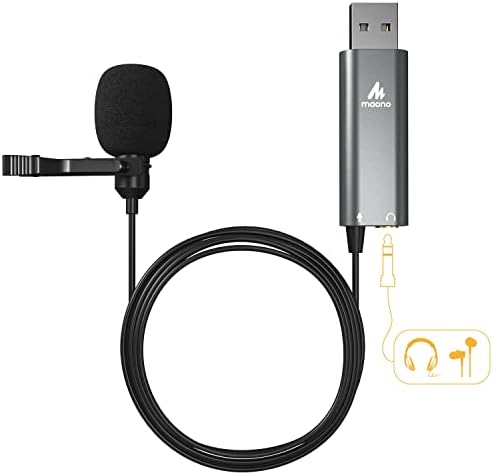 MAONO USB Петличный с микрофон жак за слушалки, Ненасочено Компютърен микрофон с щипка на Ревера за Запис, игри, стрийминг