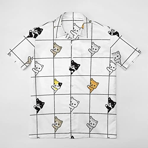 Мъжки Ризи с изображение на Коте от Памук С Къс ръкав и V-образно деколте, Графични и Тениски с Копчета, Плажни Ризи