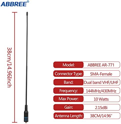ABBREE AR-771 14,96 Инчов SMA-Гнездо Двухдиапазонная антена с мек щифт VHF/UHF с висок коефициент на усилване на Baofeng UV-5R