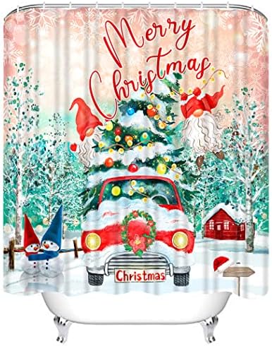 Завеса за душ BFIVEANTE весела Коледа, Празник на Коледната Елха във формата на Снежен човек в Червено Камион, Тъканно Завеса