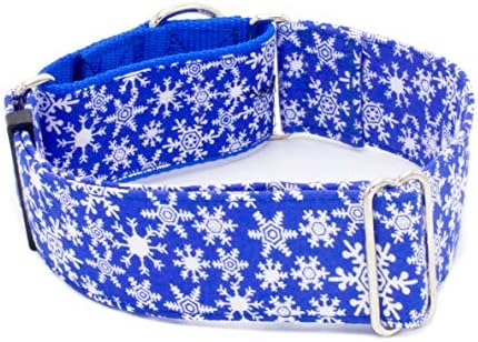 Нашийник за кучета Winter Snowflakes Blue Ширина 5/8 инча и 2 инча с Мартингейлом, Коледен нашийник за кучета с катарама (нашийник с мартингейлом, XXL ширина 2 инча)