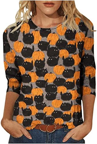 Върховете на Хелоуин, Дамски Модни Свободна Тениска С Принтом, Блуза, със средна дължина, с 3/4 ръкави, Ежедневни