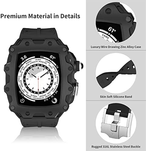 Комплект модификация EKINS за Apple Watch Series 8 Series 7 45 мм и Метален bezel + каишка от каучук за iWatch