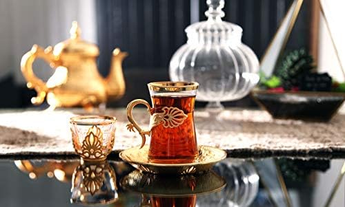 Набор от турско-арабски Чаени Чаши LaModaHome от 6 броя със Златни Притежатели, Чаши и Чинии - Необичайна Ретро Комплект ръчно