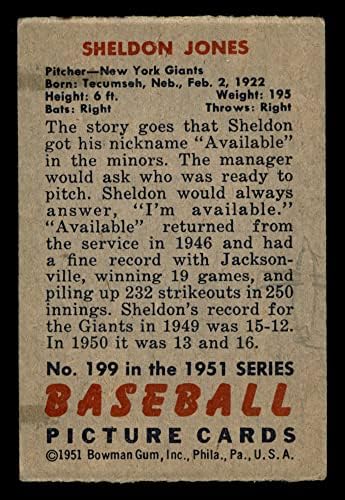 1951 Боуман 199 Шелдън Джоунс Ню Йорк Джайентс (бейзболна картичка) ДОБРИ Джайентс