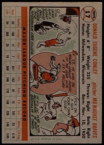 1956 Topps 17 Джин Конли Милуоки Брейвз (Бейзболна картичка) VG+ Брейвз
