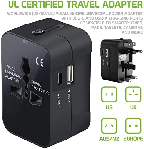 Международен захранващ адаптер USB Travel Plus, който е съвместим с Videocon Графит V45DB за захранване на 3 устройства по целия свят USB TypeC, USB-A за пътуване между САЩ /ЕС /AUS/NZ/UK / КН
