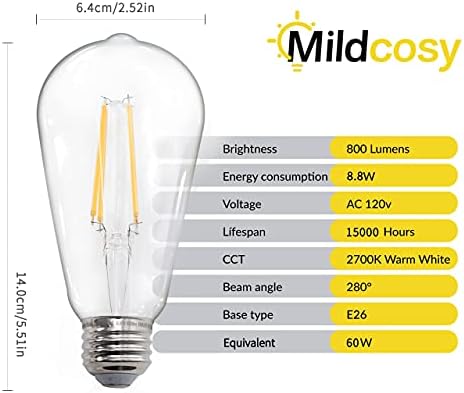 Реколта led Edison с регулируема яркост, еквивалент на 60 W, 6 X, 90 + CRI, Светъл Топъл Бял 2700K, Антикварни led лампи с нажежаема