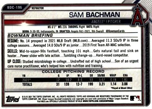 2021 Боуман Хром Драфт Рефрактор BDC-196 Сам Бакман RC Нов Los Angeles Angels MLB Бейзбол Търговска карта