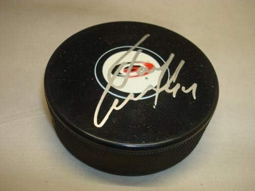 Джей Харисън Подписа Хокей шайба Каролина хърикейнс с Автограф 1А - за Миене на НХЛ с автограф