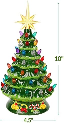 Керамични Елха Biswing с подсветка на Коледната Маса, 10-Инчов Предварително осветени Мини-Коледна Зелена Елха