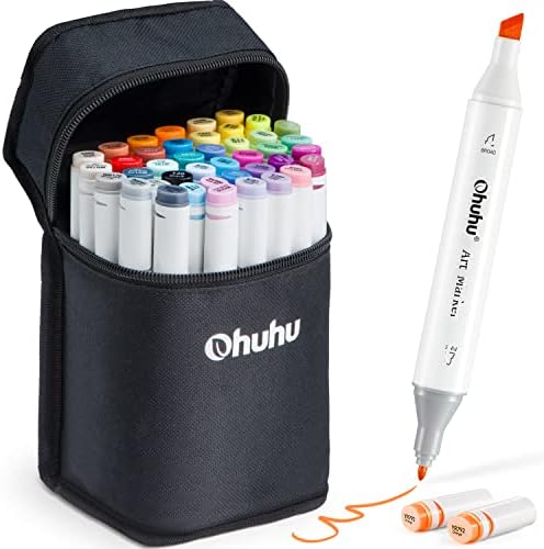 Ohuhu 60 Цвята Маркери за colorization с две топчета (пискюл и тънък връх) + 48 уникални цветове маркери на алкохолна основа (длето и тънък връх)