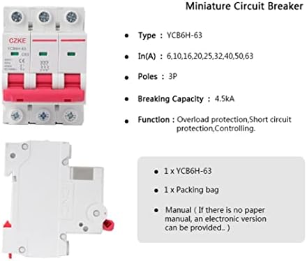 Миниатюрен автоматичен прекъсвач KAVJU YCB6H-63 3P MCB със защита от претоварване, 3 полюс, закрепване към Din релса, които се разпределят капацитета на 6A/10A/16A/20A/25A/32A (Цвят: 3, ра