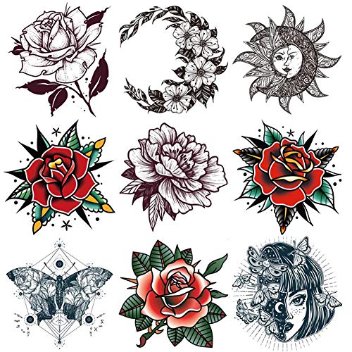 Oottati 9 Листа Женска Ръка Назад Червена Роза Черно Цвете На Слънцето, Луната Пеперуда Тотем Временни Татуировки Етикети