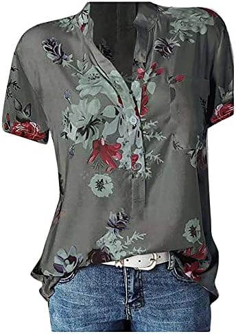 NDVYXX Дамски Ризи с копчета Голям Размер С Принтом, Реколта Свободна Блуза с Къс ръкав и Цветна V-образно деколте