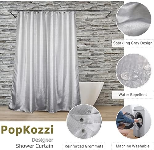 Сребърна Завеса за душ Popkozzi и куки за завеса от полиран никел - 72x72 Водоустойчив Моющаяся Завеса за душ от лъскав плат