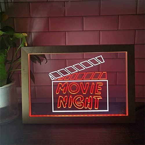 Led Неонова реклама DVTEL Movie Night, Нощни лампи Кино USB, Неонови Лампи, с дървена рамка, Стенни Светещ Знак, 42x32 см, Ресторант, Бар, кафе-сладкарница (Цвят: червен лилав)