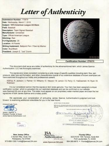 Екипът на Американската лига на All Star Game 1972 Подписа бейзболни PSA DNA и JSA COA - Бейзболни топки с автографи