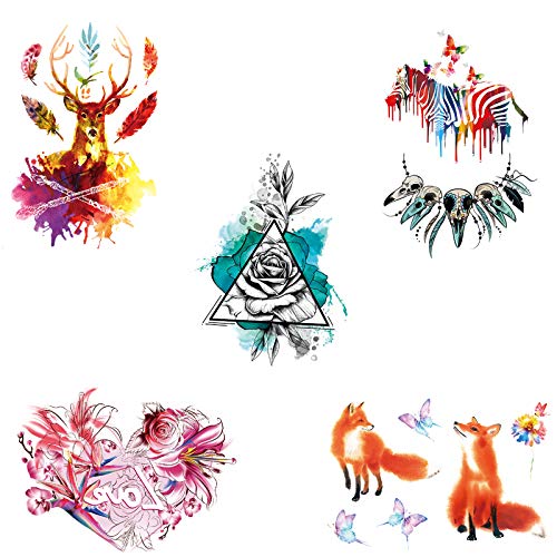 5 Листа с цветни художествени непромокаеми временни стикери с татуировки на животни, подходящи за възрастни момичета