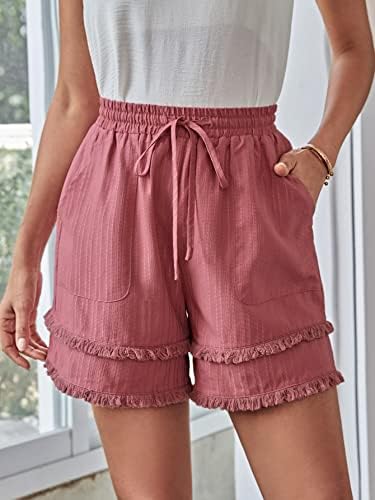 Дамски шорти с ресни и завязками на кръста, къси Панталони с непреработени подолом (Цвят: Работа-розов, Размер: X-Large)