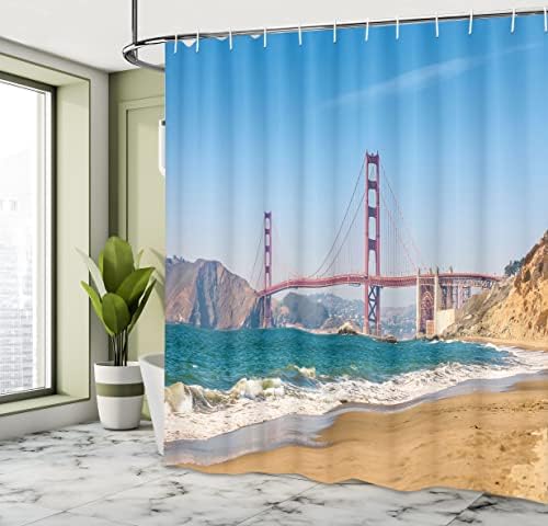 Завеса за душ с гледката Ambesonne, Панорамен изглед към моста Голдън Гейт, на Брега на Сан Франциско, Природа, Морски пейзаж,